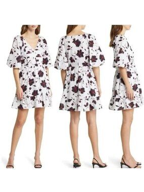🆕DU PARADIS Floral Cotton Puff Sleeve Mini Dress Large 8-10